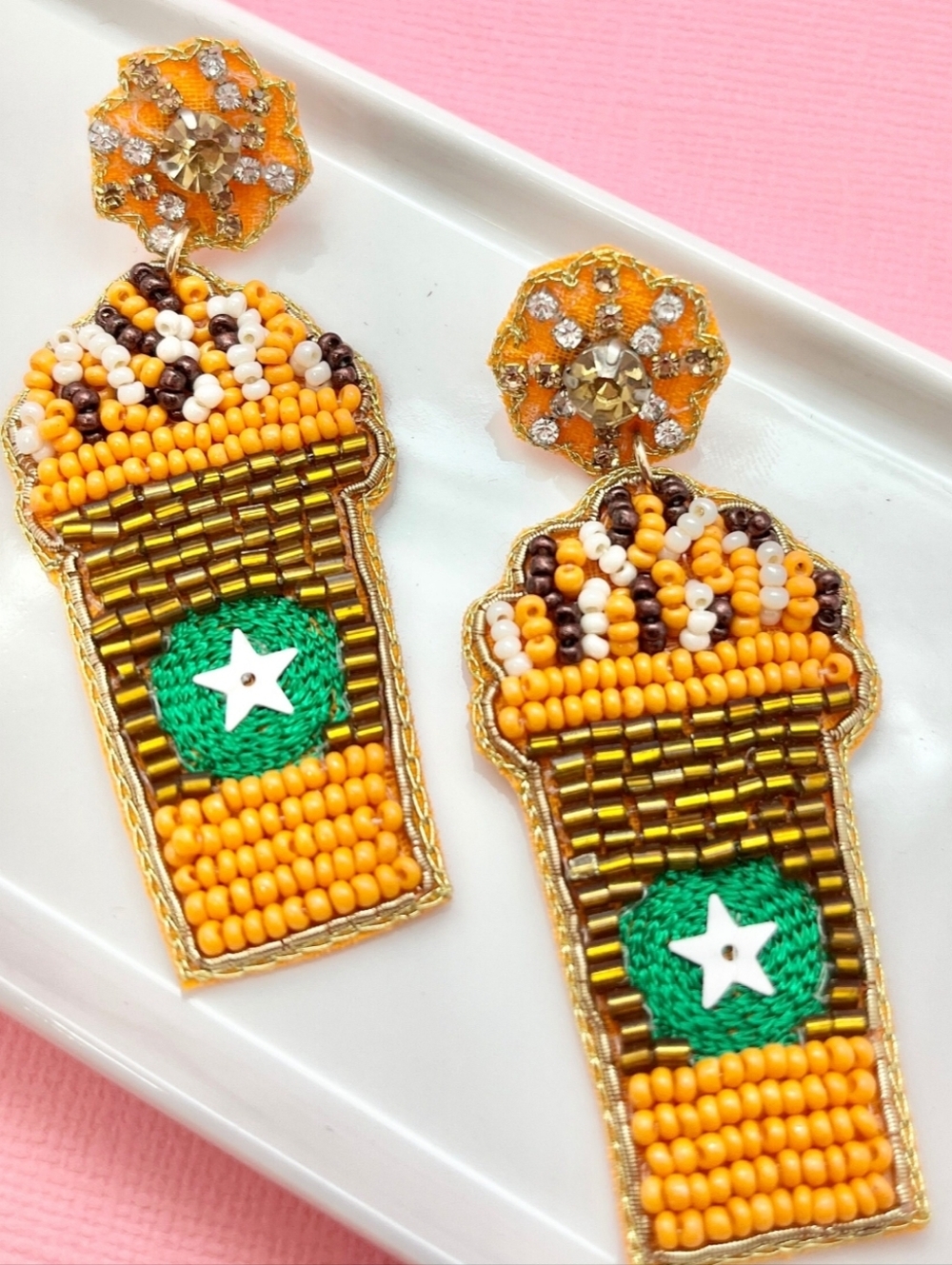 BEADED Coffee Cappuccino Latte Beaded Rhinestone Drop Dangle Earrings